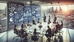 A team in a content agency in London engaged in a strategy meeting, with a view of the London skyline from their office, discussing content planning around a conference table.