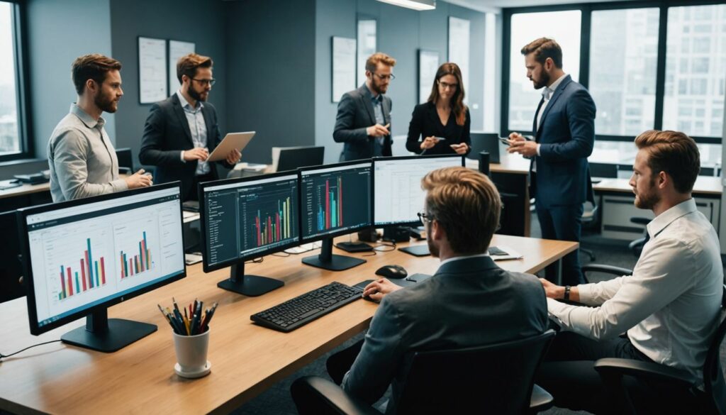 Team analysing data in office. A modern office setting with a team of professionals collaborating around a desk. Multiple computer monitors display various charts and graphs, indicating data analysis and performance tracking. The team members are engaged in discussion, with some standing and others seated, all focused on the task at hand.