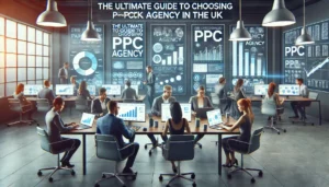 A professional team in the UK discussing strategies in a modern office, highlighting the ultimate guide to choosing a PPC agency.