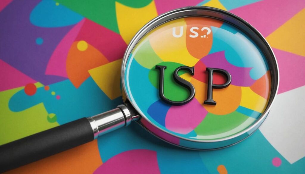 A magnifying glass highlighting the term USP on a colourful, abstract background, emphasizing the unique selling proposition.