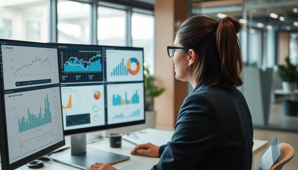 A business professional is sitting at a desk, analysing multiple data charts and graphs on two large monitors, focused on evaluating the performance of various metrics.