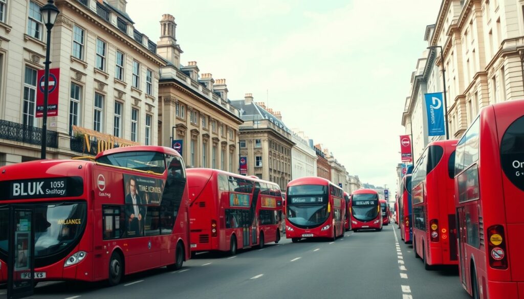 London street with red buses and historic buildings