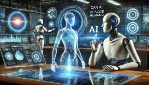 A futuristic scene showing a human collaborating with an AI assistant, emphasizing the question 'Can AI Replace Humans?' by showcasing the synergy between human intuition and AI capabilities.