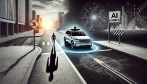 A self-driving car on a road, surrounded by both a futuristic, safe environment and a shadowy figure representing safety concerns, raising the question "Is AI Dangerous?"