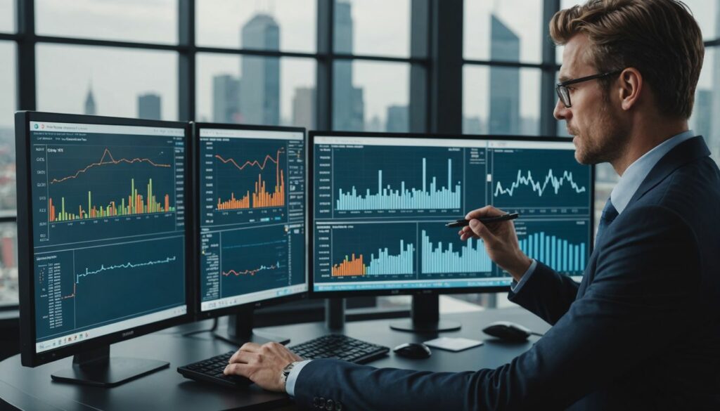 A professional analysing PPC performance data on multiple screens, showing graphs and charts that reflect key metrics. This setup visually represents how effective PPC marketing can be when monitored and analysed in detail to improve campaign performance.