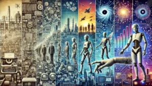 A timeline showing the evolution of AI, with early machines on one side and advanced AI systems on the other, subtly questioning 'Can AI Replace Humans?' by depicting human and AI collaboration.