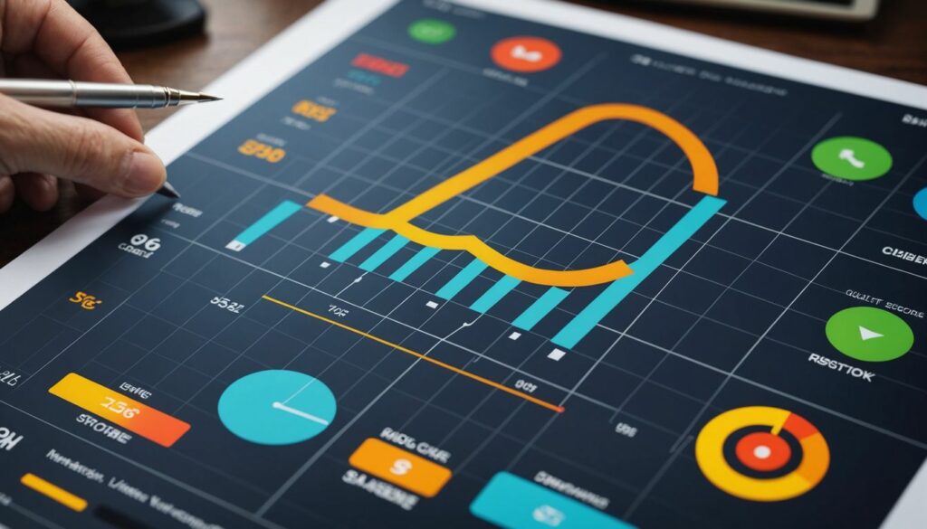 A tablet screen showing a PPC dashboard with various metrics, focusing on Quality Score Optimisation and keyword performance.