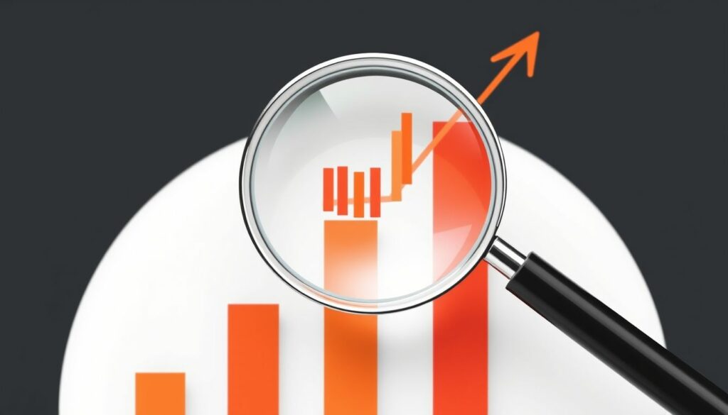 A magnifying glass focusing on a bar chart with upward-trending bars and an arrow, symbolising growth and optimisation.