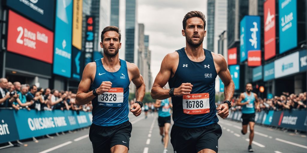 Two determined runners pushing forward during a PPC Marathon, symbolizing the endurance and focus required in digital advertising campaigns.