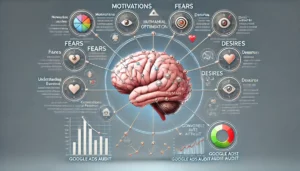 Infographic illustrating CRO hacks, featuring a brain with interconnected nodes representing psychological principles, highlighting motivations, fears, and desires, with a small graph showing the impact of a Google ads audit on user behaviour.