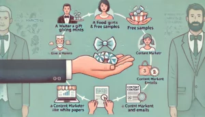 Infographic showing CRO hacks through the principle of reciprocity in marketing, featuring hands exchanging a gift, with icons of a waiter giving mints, a food business offering free samples, and a content marketer providing valuable content.