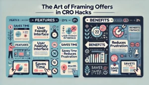 Infographic demonstrating CRO hacks by showing the art of framing offers, comparing product features with benefits to highlight the importance of presenting benefits over features.