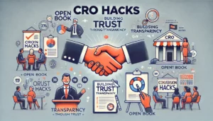 Infographic illustrating CRO hacks by emphasizing the importance of building trust through transparency, featuring visuals of a handshake, an open book, and a person speaking honestly to an audience.