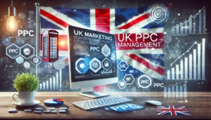 A digital marketing scene featuring graphs, charts, and a computer screen displaying a PPC dashboard, with a subtle Union Jack in the background representing the UK market. The image includes business elements like a shopping cart and currency symbols, conveying the idea of boosting sales through effective online strategies.