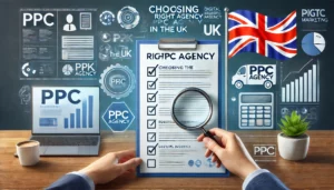 A professional image depicting the process of selecting the right PPC agency in the UK, featuring elements like a checklist, magnifying glass, and a laptop displaying PPC data. The Union Jack is subtly incorporated, alongside graphs and digital marketing tools, symbolising expertise and reliability.