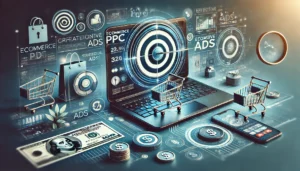 A dynamic image depicting Ecommerce PPC with elements like a laptop displaying ecommerce ads, shopping carts, high-quality product images, and symbols representing ad targeting and sales. The design highlights the importance of visual appeal, strategic keyword targeting, and effective ad copy in driving online sales.