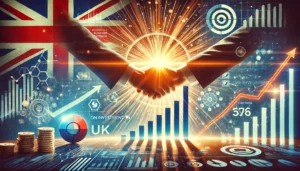 A powerful image depicting the successful conclusion of a PPC campaign, featuring an upward-trending graph, a glowing target symbol, and a handshake representing partnership. The background subtly includes UK-related visuals, symbolising business growth and positive returns on investment through expert PPC management.