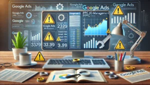 A professional image depicting Google Ads PPC Management challenges, featuring a computer screen displaying a Google Ads dashboard with performance metrics, warning signs, and tools symbolising the need for troubleshooting and optimisation to improve campaign performance.