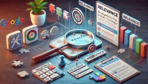 A visually detailed image illustrating the importance of evaluating and optimising keyword strategy for Google Ads campaigns. The scene features a magnifying glass over a list of keywords, target symbols, and connecting puzzle pieces, symbolising the alignment of keywords with relevant products or services.