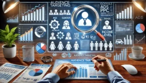  A professional image illustrating the analysis of audience targeting in Google Ads PPC management. The scene features charts, graphs, and a dashboard displaying audience demographics segmented by age, gender, and income level, with magnifying glasses highlighting key data points.