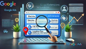 A visually engaging image illustrating the use of ad extensions in Google Ads campaigns. The scene features a digital ad or search engine results page displaying various ad extensions, such as sitelinks, call buttons, and location pins, with icons representing enhanced visibility and interaction.

