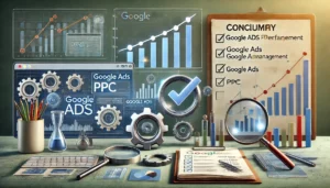 A professional image summarising and optimising Google Ads PPC management. The scene includes a dashboard displaying performance metrics, a checklist with ticked boxes, and gears representing the optimisation process, alongside charts and graphs symbolising analysis and ongoing improvements.

