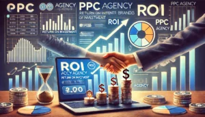 A professional image illustrating the concept of PPC Agency Return on Investment (ROI) for brands. The scene features upward-trending graphs, stacks of coins, a handshake symbolising partnership, and a computer displaying a PPC dashboard, all representing growth and successful outcomes from PPC advertising.