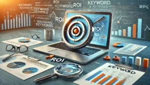 A detailed image illustrating the key strategies used by PPC agencies to improve ROI, focusing on keyword research and selection. The scene features a computer displaying a keyword analysis tool, surrounded by magnifying glasses, charts, and graphs, with a target symbol pointing towards high-performing keywords.