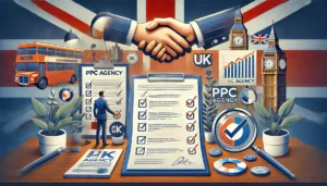 A detailed image illustrating the process of choosing the right PPC agency for a UK brand. The scene features a checklist with ticked boxes, a handshake symbolising partnership, and a magnifying glass over a document, with subtle UK-related visuals such as the Union Jack and British landmarks in the background.