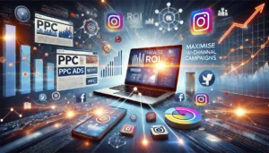 A dynamic image illustrating the integration of PPC with social media advertising to maximise ROI through multi-channel campaigns. The scene features a computer displaying PPC ads, alongside social media icons like Facebook, Instagram, and LinkedIn, with connecting arrows and network diagrams symbolising connectivity and growth.

