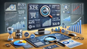 A detailed image illustrating key metrics for measuring the success of PPC campaigns, including conversion rate, click-through rate (CTR), and cost per conversion. The scene features a computer displaying a PPC dashboard with graphs and charts, along with icons representing data analysis and tracking.