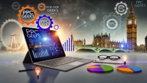 A professional and visually engaging image representing PPC Geeks, a top-tier PPC agency in London. The scene includes a laptop displaying PPC dashboards, gears symbolising innovation, and charts showcasing growth, with London landmarks like Big Ben in the background.