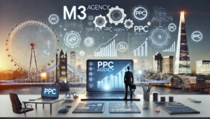 A professional image representing M3.agency, a leading PPC agency in London. The scene features a computer displaying PPC results with upward-trending graphs, gears symbolising innovation, and London landmarks like the Shard and the London Eye in the background.