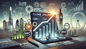 A professional and visually striking image representing Climb Online, a leading PPC agency. The scene features a computer displaying PPC performance metrics with upward-trending graphs and charts, alongside symbols of digital marketing expertise. London landmarks like the Shard and the London Eye are subtly included in the background.