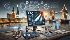 A professional image representing Favoured, a top-tier PPC agency in London, known for its innovative approach and exceptional results. The scene features a computer displaying PPC campaign metrics with upward-trending graphs, alongside symbols of innovation like lightbulbs. London landmarks such as the Shard and Tower Bridge are subtly incorporated in the background.