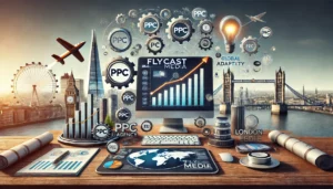 A professional image representing Flycast Media, a leading PPC agency in London, known for its adaptability and global expertise. The scene features a computer displaying PPC results with upward-trending graphs, alongside global icons like a world map. London landmarks such as the Shard and Tower Bridge are subtly incorporated in the background.