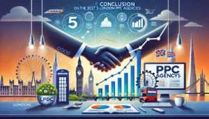 A professional image representing the conclusion on the best 5 London PPC agencies. The scene features a handshake symbolising partnership, upward-trending graphs, and a computer displaying PPC metrics. London landmarks like the London Eye and Big Ben are subtly incorporated, reflecting the agencies' connection to the city.