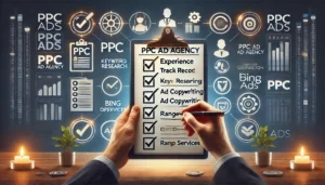 A professional setting featuring a clipboard with a checklist, highlighting key factors like experience, track record, and range of services for selecting a PPC ad agency. Surrounding the checklist are icons representing PPC services like keyword research, ad copywriting, and campaign optimisation, along with symbols for PPC platforms like Google Ads and Bing Ads.