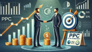 A business professional shaking hands with a PPC expert, symbolising a partnership. In the background, there are upward-trending graphs, a target with arrows hitting the bullseye, and a stack of coins representing return on investment. The atmosphere is positive and forward-looking, conveying success, growth, and the benefits of strategic PPC management.

