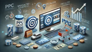 A visually engaging image representing the impact of specialised PPC advertising services for ecommerce businesses. The scene features a computer displaying an ecommerce website with PPC ads, a shopping cart, and a graph showing an upward trend in sales. Symbols like bullseyes emphasise targeting the right audience, with subtle ecommerce-related visuals in the background.

