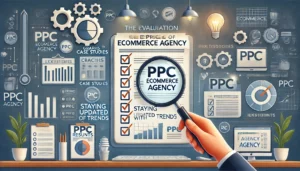  A professional image depicting the evaluation of PPC ecommerce agency expertise, featuring a magnifying glass over a document with graphs and case studies, a checklist with ticked boxes, and a computer displaying PPC results. Symbols of expertise, like gears and lightbulbs, are subtly incorporated in the background.