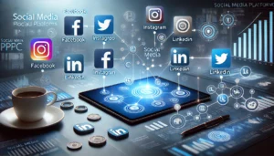 A visually informative image depicting the process of choosing the right social media platforms for PPC campaigns. The scene features a tablet displaying icons of social media platforms like Facebook, Instagram, LinkedIn, and Twitter, with connecting lines and charts indicating their unique advantages for different industries.