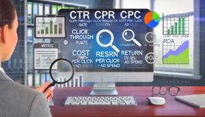 A professional image showcasing the key metrics to track in PPC campaigns, including Click-Through Rate (CTR), Conversion Rate, Cost Per Click (CPC), and Return on Ad Spend (ROAS). The scene features a computer displaying these metrics with graphs and charts, emphasising the importance of data analysis in optimising PPC campaigns.

