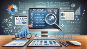 A professional image illustrating the assessment of ad group organisation in PPC campaigns. The scene features a computer displaying a dashboard with well-organised ad groups, performance metrics, and visual cues like checkmarks and magnifying glasses, emphasising structure and relevance in campaign performance.