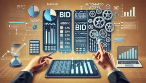 A professional image comparing manual and automated bidding strategies in PPC campaigns. The scene shows one side with a hand manually adjusting a bid on a computer screen, while the other side displays an automated system with gears making real-time adjustments. Charts and graphs highlight bid performance, with symbols like clocks and calculators representing the time and control factors. 