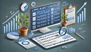 A professional image representing a PPC audit checklist focused on setting up conversion goals. The scene includes a computer displaying a checklist with items related to conversion goals, key events, and tracking, along with graphs showing conversion data. A crossed-out icon symbolises the exclusion of agency and employee visits.