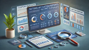 A professional image depicting the process of setting up custom reports for PPC campaigns. The scene includes a computer displaying a customised report with various charts, graphs, and key metrics, along with visual elements like magnifying glasses and filters, symbolising the focus on specific data and trends. 