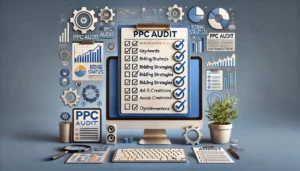 A professional image depicting the final stage of a PPC audit checklist, featuring a computer displaying a completed checklist with items such as keywords, bidding strategies, and ad creatives. The scene includes upward-trending graphs, checkmarks, and gears symbolising optimisation, reflecting the importance of regular audits for campaign success.