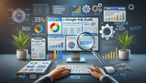 A professional image illustrating a Google Ads audit, featuring a computer displaying a Google Ads dashboard with various performance metrics and graphs. The scene includes a magnifying glass examining the data and gears symbolising optimisation, with subtle icons related to ad spend and ROI in the background.