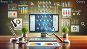 A professional image illustrating the process of reviewing the structure of a Google Ads account. The scene features a computer displaying a Google Ads dashboard with an organised structure of campaigns and ad groups, with a magnifying glass examining the structure. Charts and icons representing organisation and efficiency are also present.